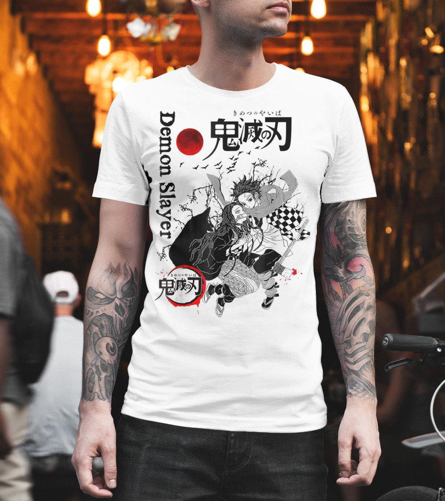 Demon Slayer Black And White Arts Anime With Red Moon T-Shirt