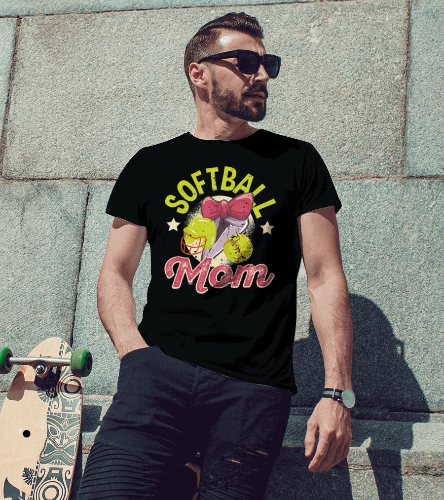 Softball Mom Mother's Day Softball Mama Bow Helmet Ball T-Shirt