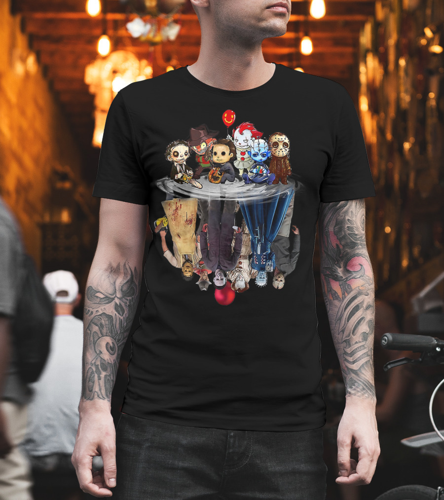 Cute Horror Movie Chibi Character Water Reflection Iconic Figures T-Shirt