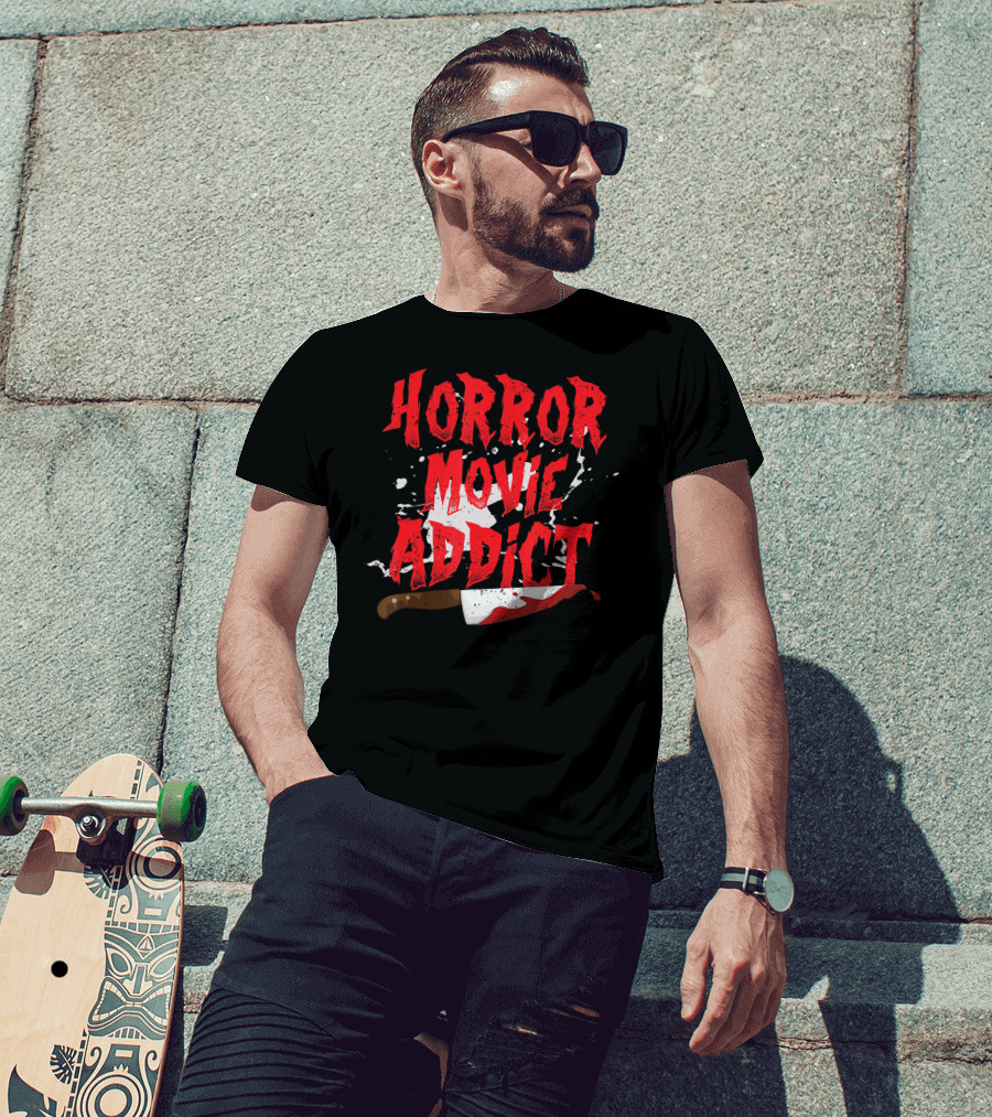 Horror Movie Addict Funny Scary Film Junkie With Bloody Knife T-Shirt