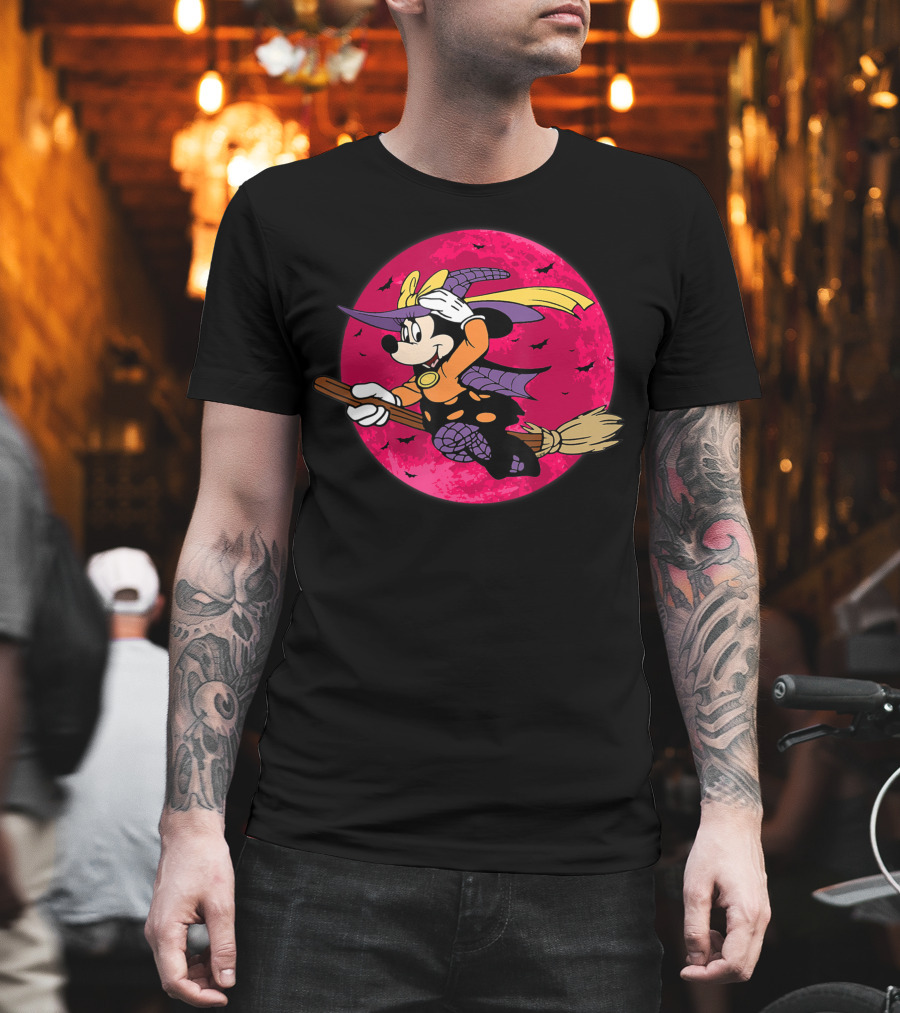 Happy Halloween Witch Costume Broomstick Against Pink Moon with Bats T-Shirt