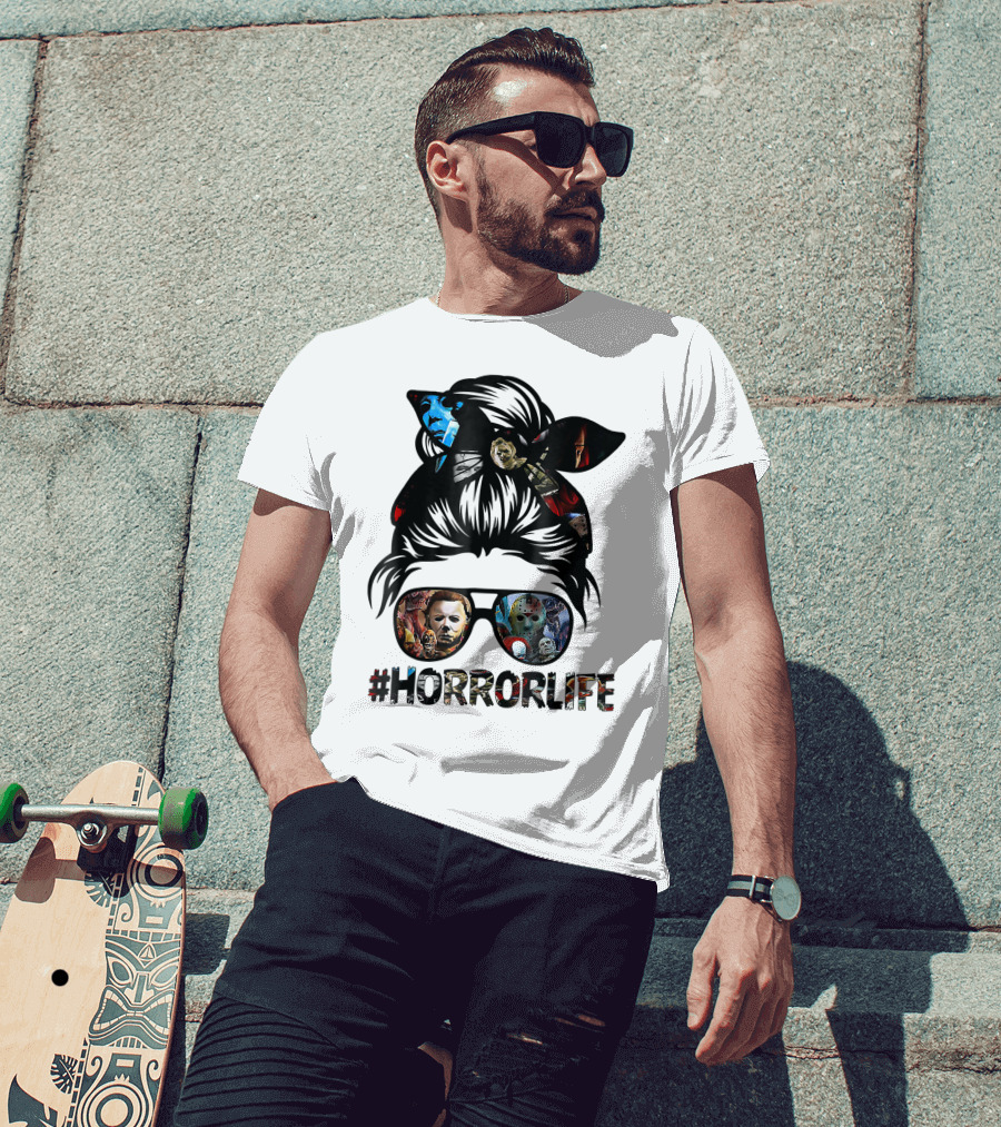 Horror Life Girl With Iconic Halloween Movie Characters T-Shirt