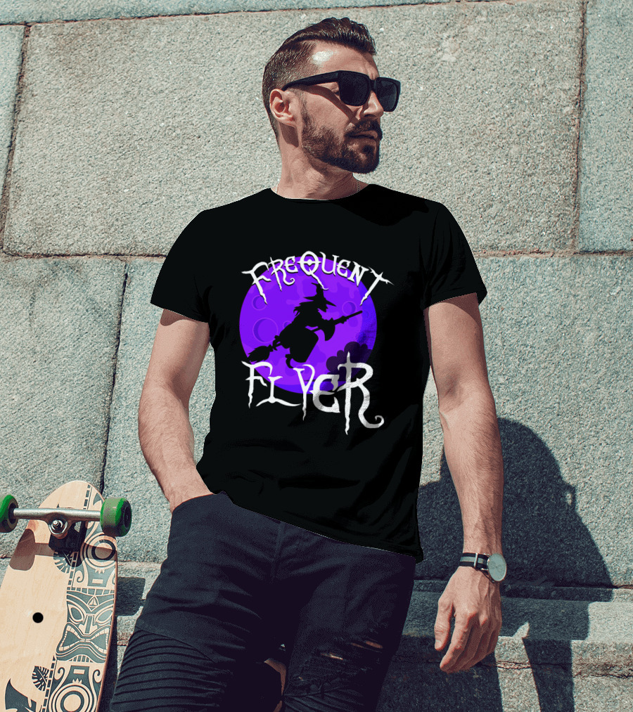 Frequent Flyer Witch Broom Silhouette Against Purple Moon T-Shirt