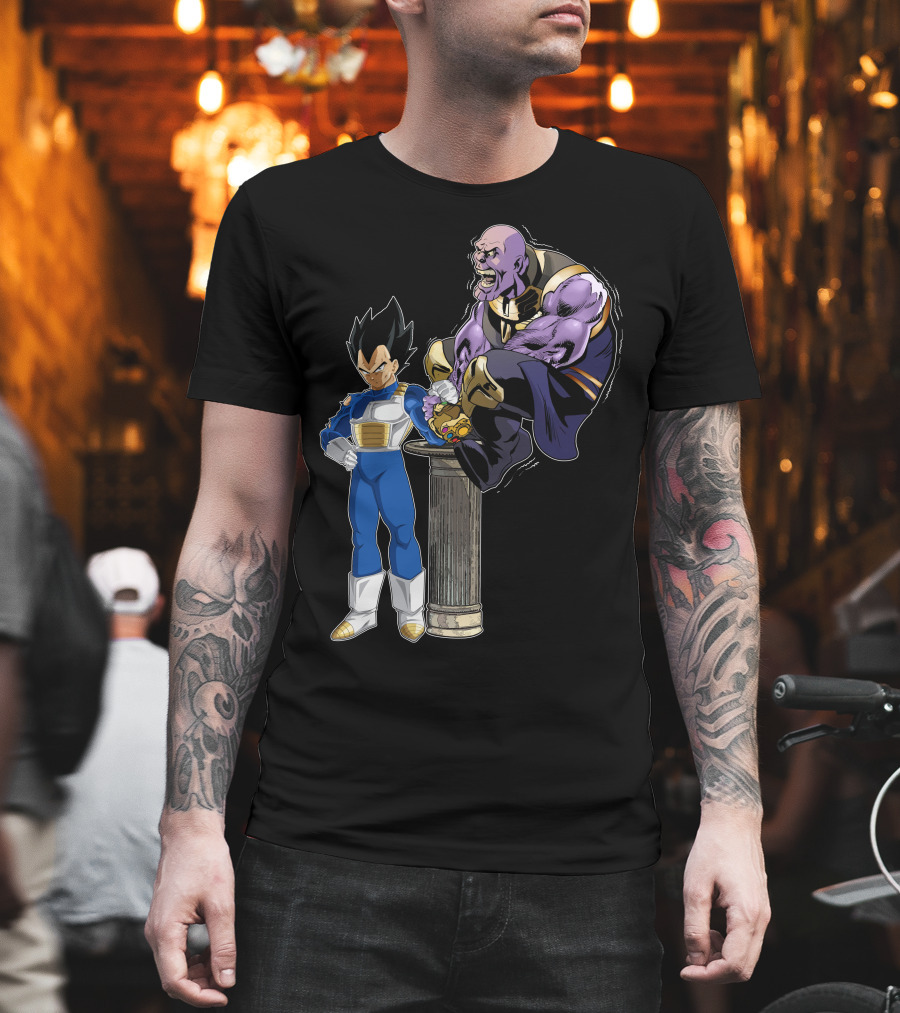 Vegeta And Thanos Arm Wrestling On Stone Pedestal T-Shirt