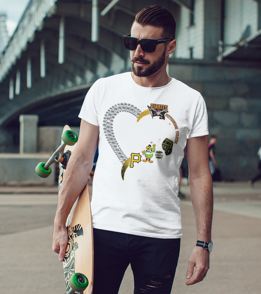Pittsburgh Pirates Heart Logo Skully Parrot Baseball Glove P Patch T-Shirt