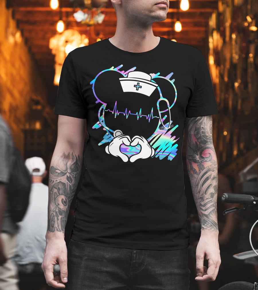 Nurse Disney Mickey Nurse Heartbeat Holographic T-Shirt
