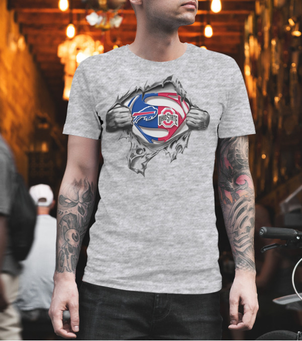 Buffalo Bills Ohio State Buckeyes Superman Emblem Peeling Chest T-Shirt Buffalo Bills Ohio State Buckeyes Superman Emblem Peeling Chest T-Shirt