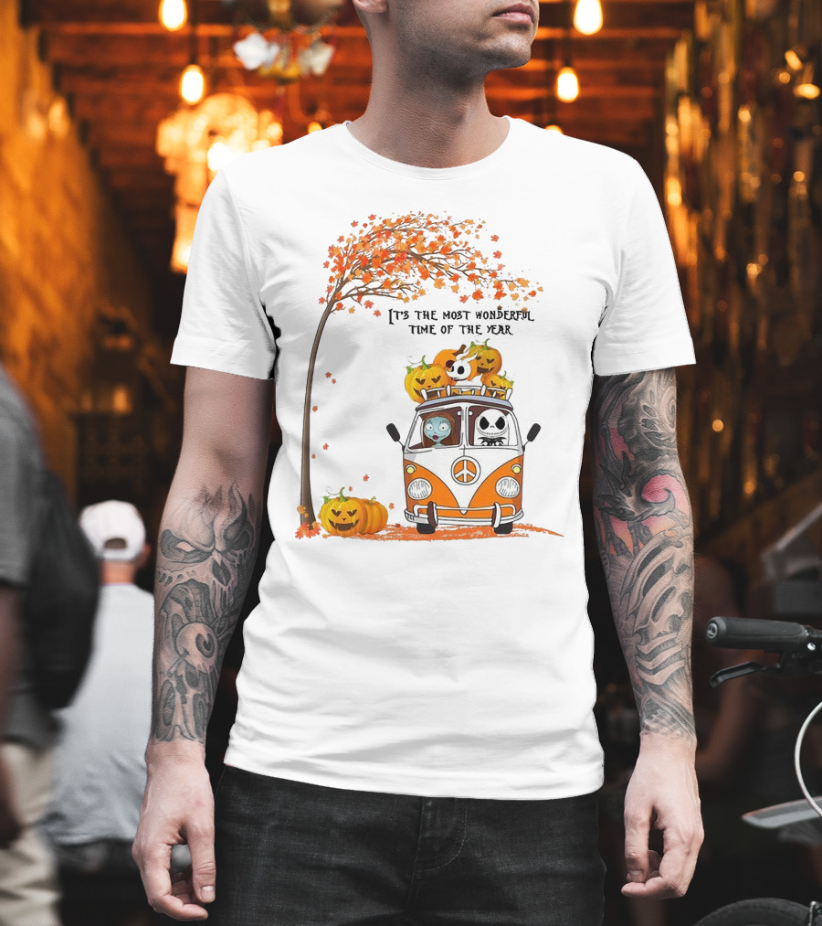 Jack Skellington Pumpkin It's The Most Wonderful Time Of The Year Autumn Van With Pumpkins and Tree T-Shirt