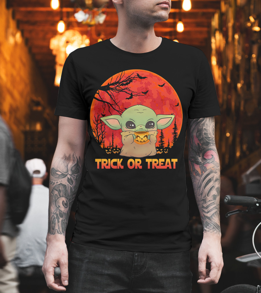 Halloween Baby Yoda Trick Or Treat Moon Pumpkin Forest T-Shirt