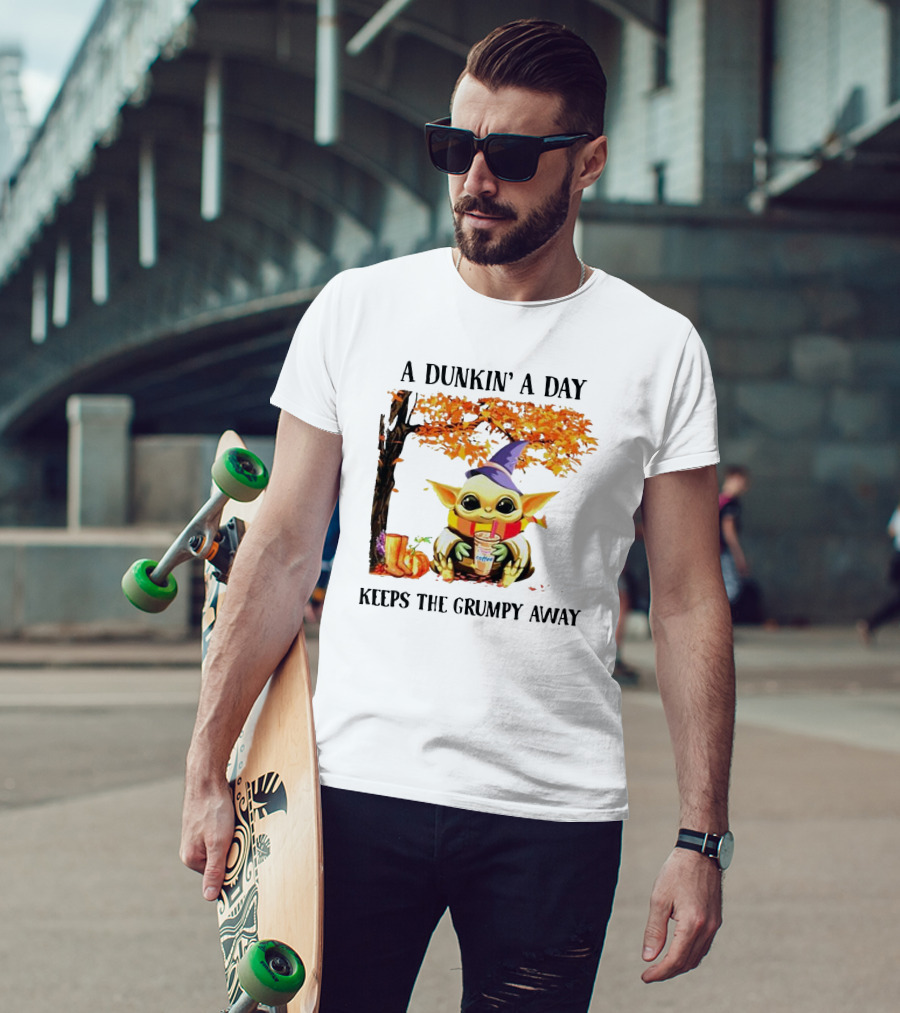 A Dunkin' A Day Keeps The Grumpy Away Baby Yoda Autumn Halloween T-Shirt