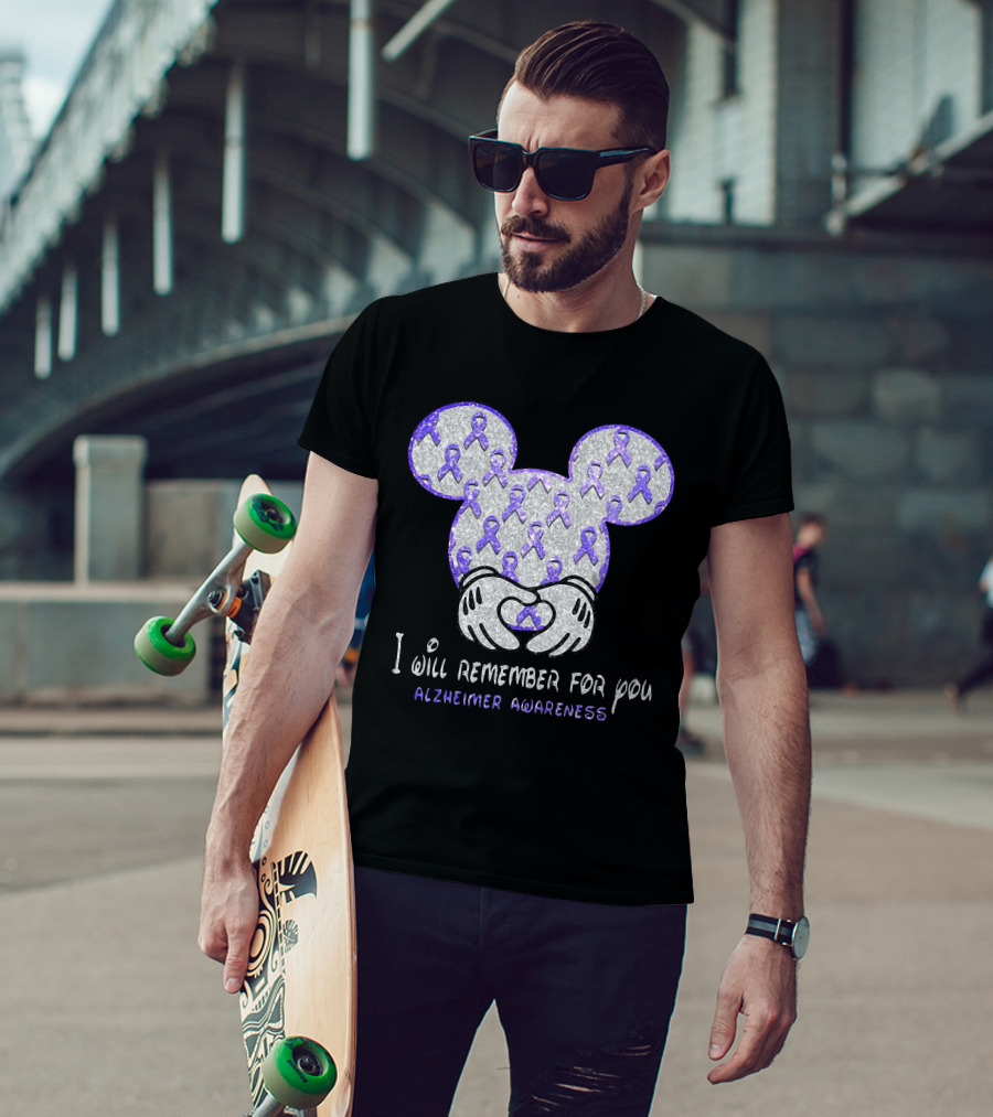 I Will Remember For You Alzheimer Awareness Mickey Pattern With Purple Ribbons T-Shirt