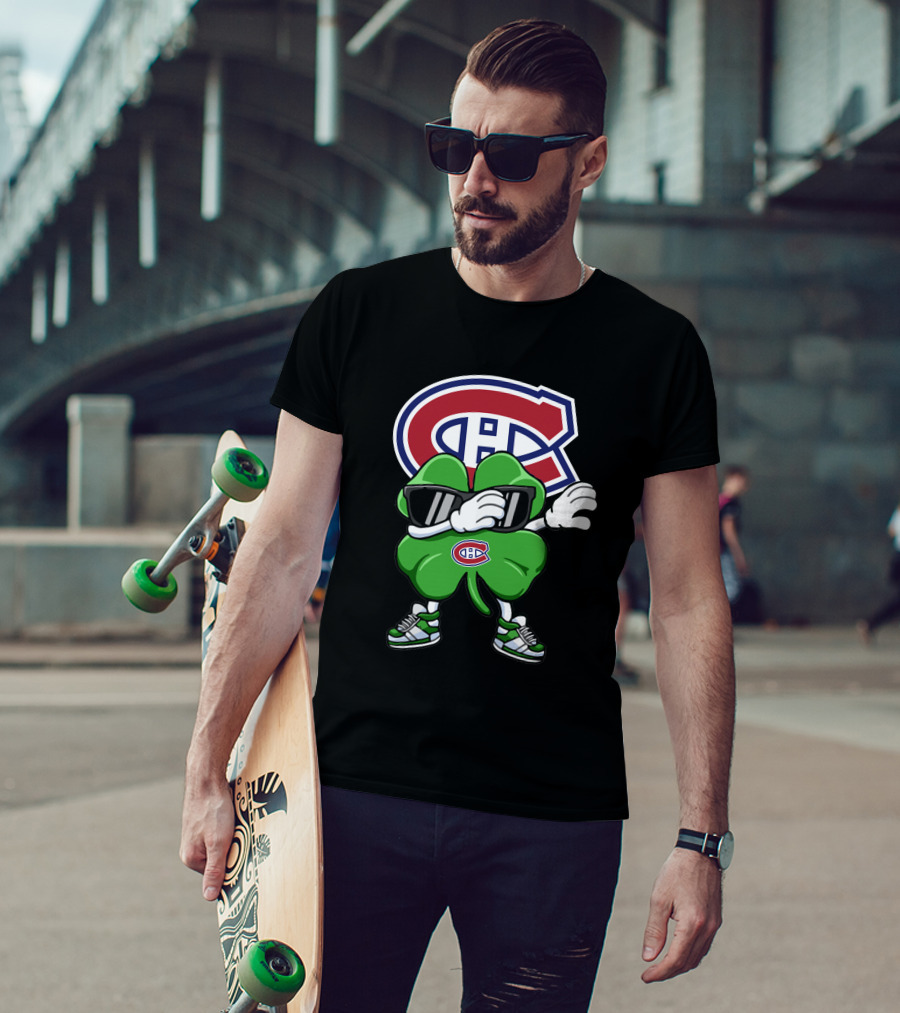 Montreal Canadiens Logo With Dabbing Four-Leaf Clover Wearing Sneakers And Sunglasses T-Shirt