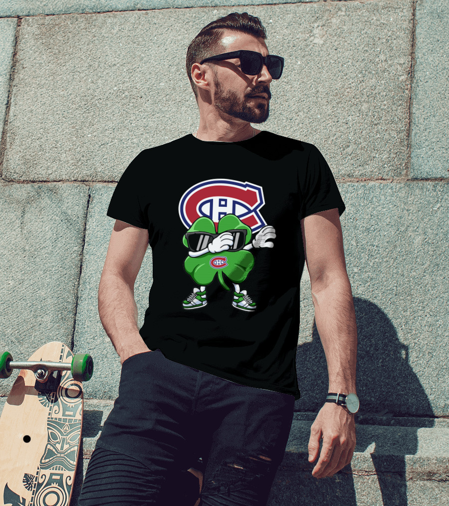 Montreal Canadiens Logo With Dabbing Four-Leaf Clover Wearing Sneakers And Sunglasses T-Shirt