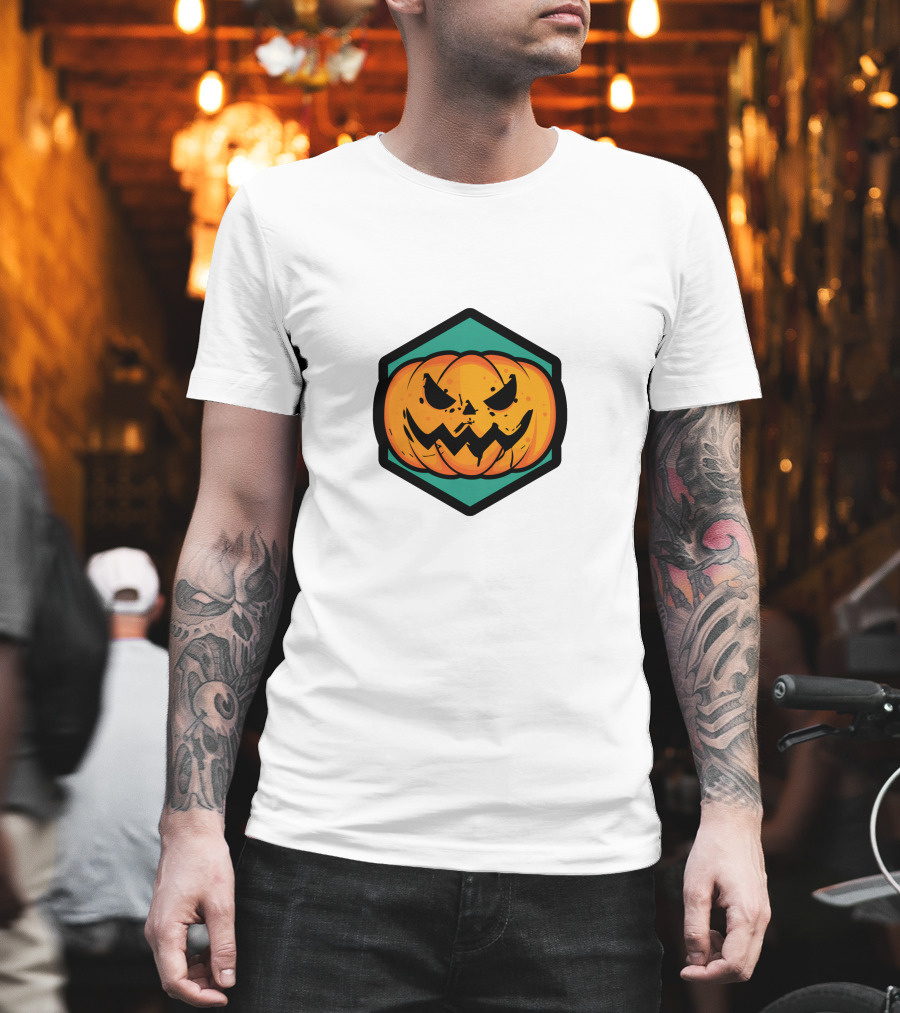 Jack-O'-Lantern Pumpkin Face Hexagon Badge T-Shirt
