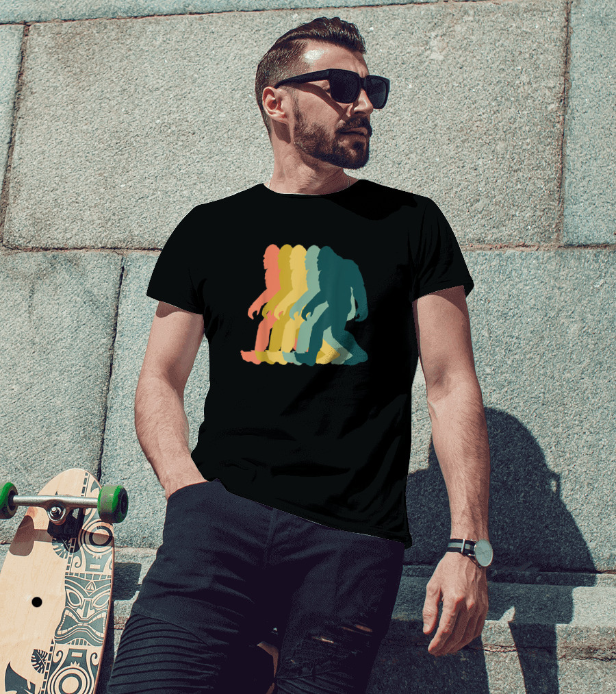 Vintage Retro Rainbow Walking Bigfoot Silhouette 1970s T-Shirt