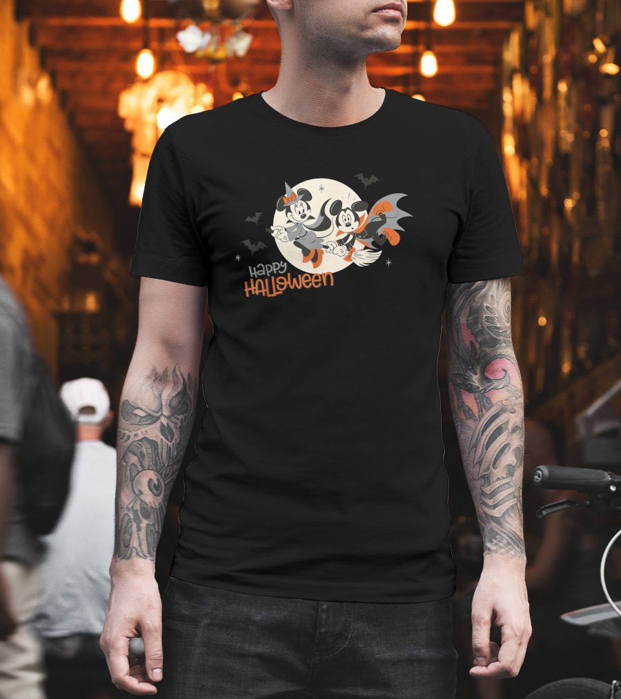 Happy Halloween Disney Minnie and Mickey Flying on Broomsticks T-Shirt