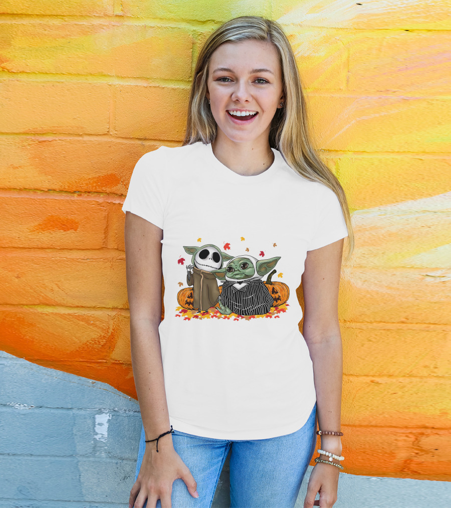 Baby Yoda And Jack Skellington In Halloween Pumpkin Scene T-Shirt