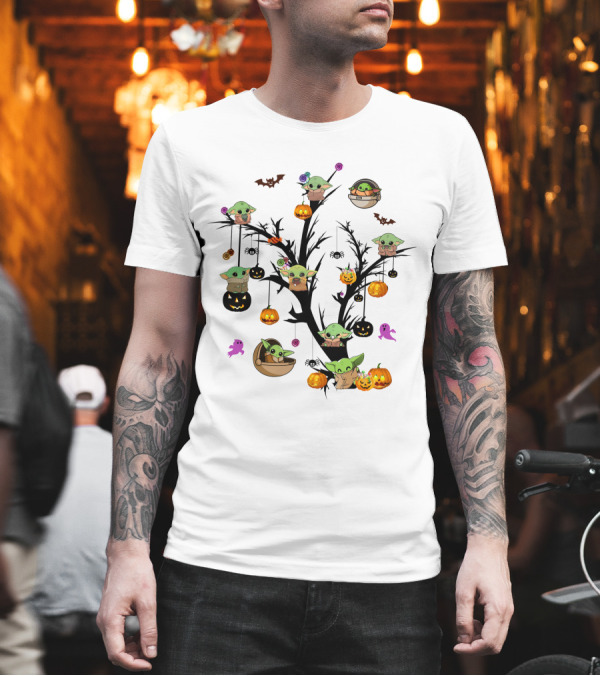 Spooky Halloween Baby Yoda Tree with Pumpkins and Bats T-Shirt Spooky Halloween Baby Yoda Tree with Pumpkins and Bats T-Shirt