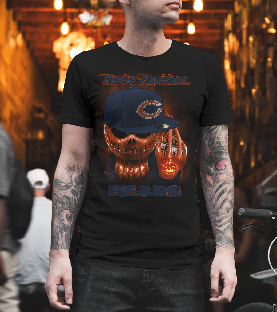 Harley Davidson Chicago Bears Halloween Pumpkin Skull T-Shirt