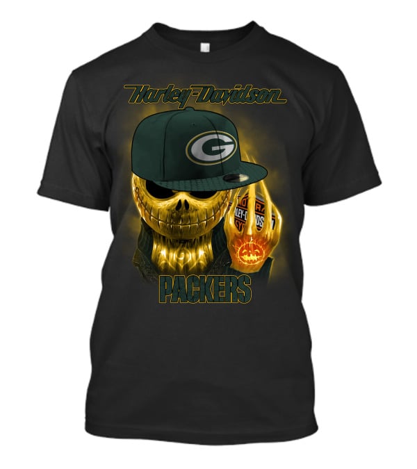 Harley Davidson Green Bay Packers Halloween Skull T-Shirt