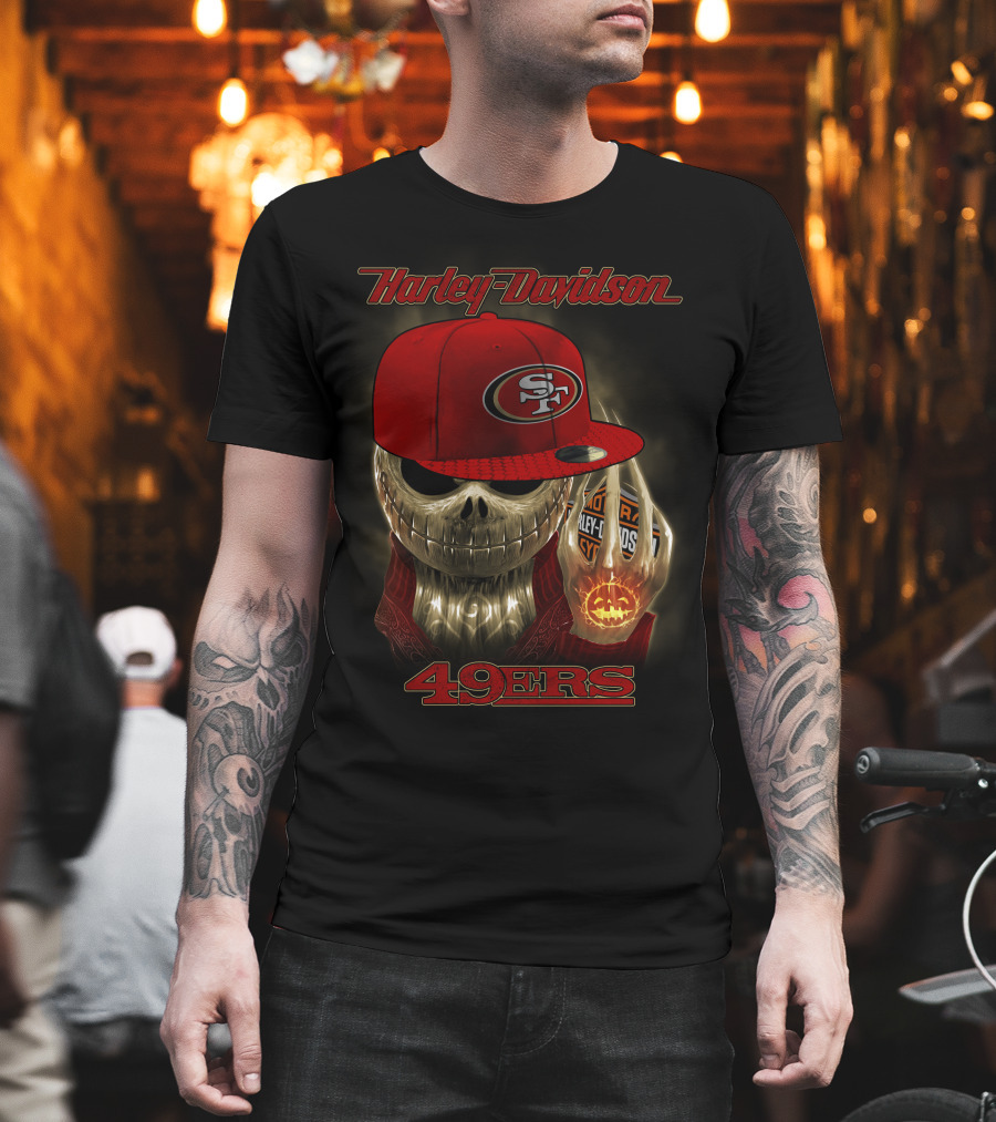 Harley Davidson Skull With San Francisco 49ers Cap T-Shirt