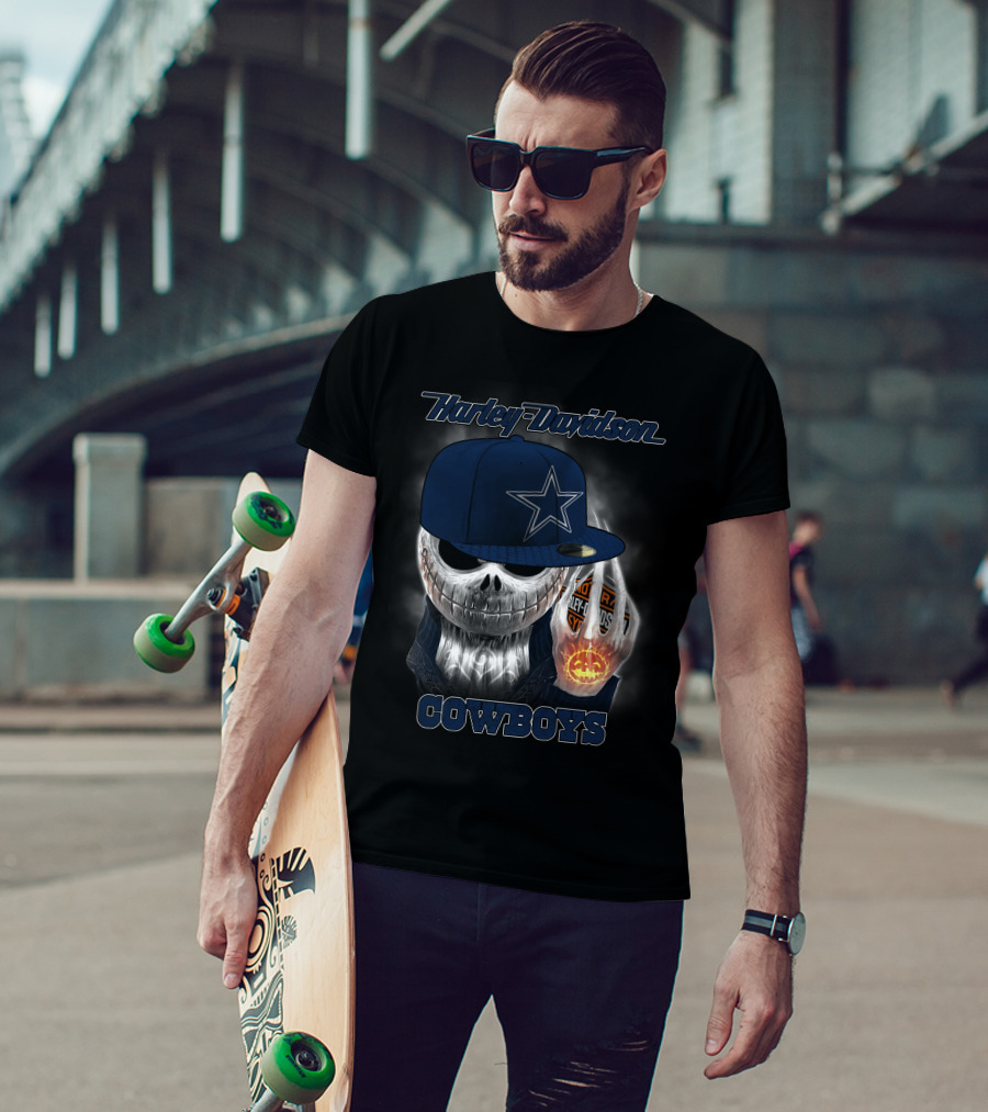 Harley Davidson Cowboys Skull With Dallas Cowboys Cap T-Shirt