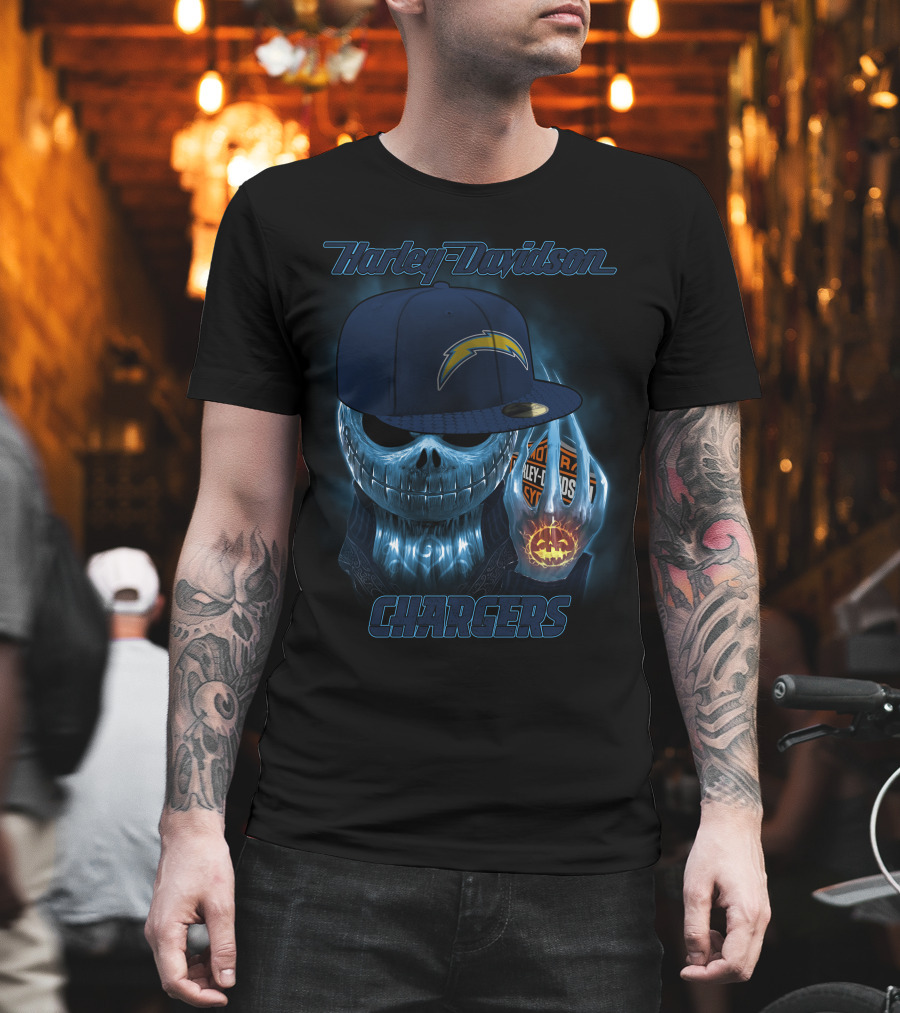 Harley Davidson Los Angeles Chargers Halloween Skeleton With Cap T-Shirt