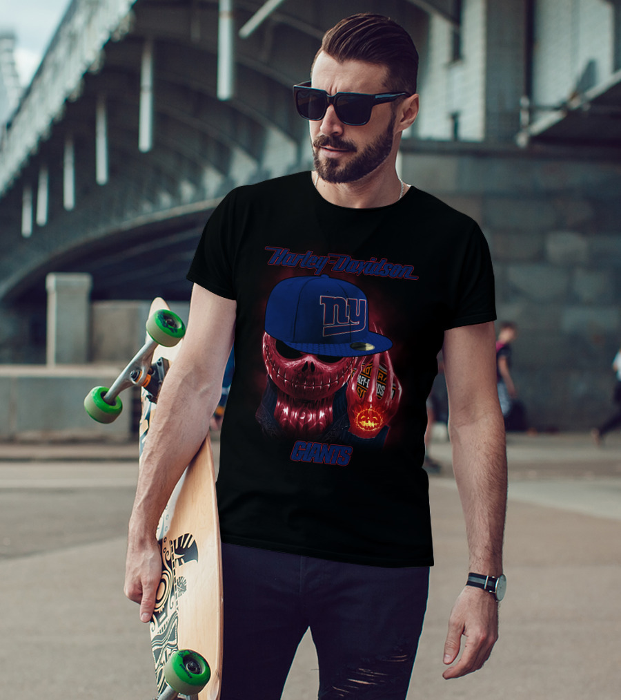 Harley Davidson New York Giants Skull With Cap And Pumpkin Lights T-Shirt