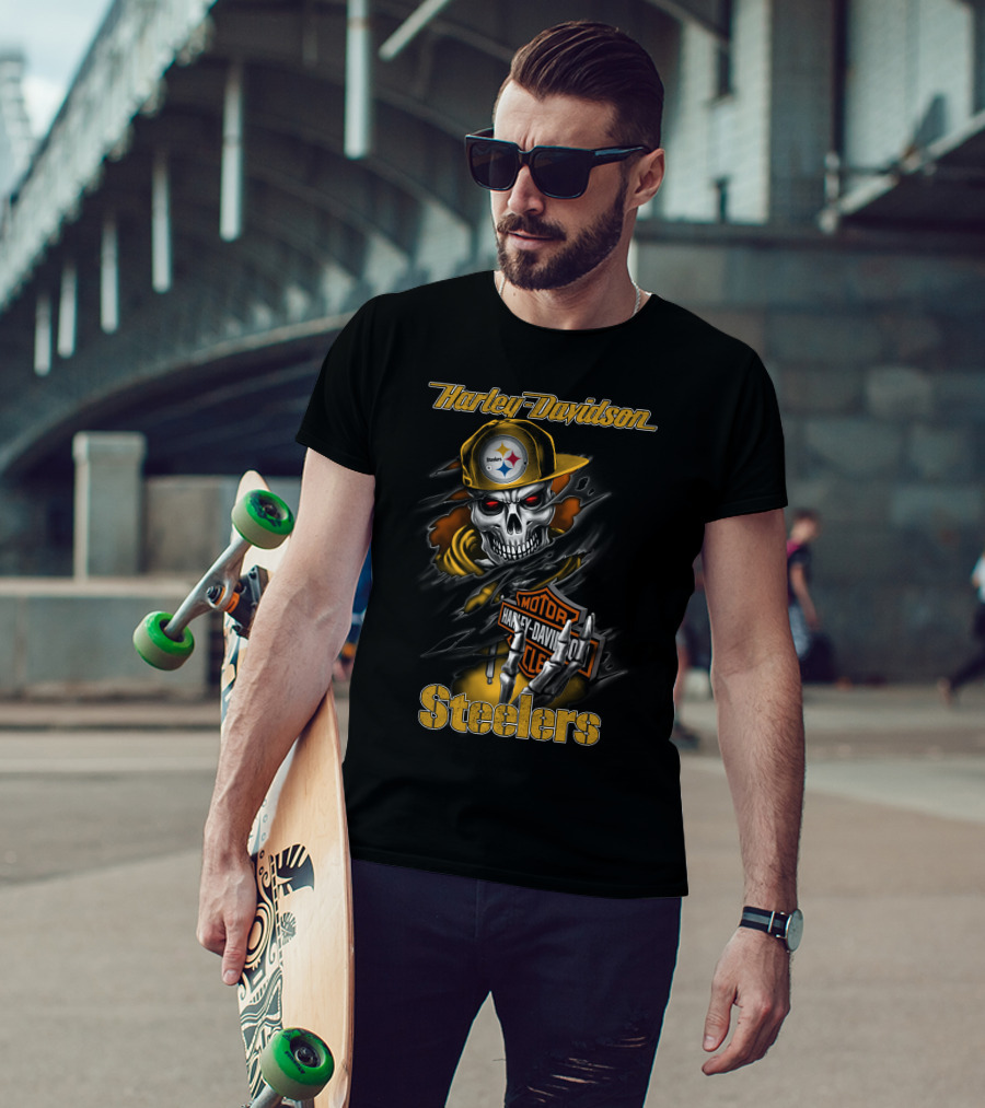 Harley Davidson Steelers Skeleton With Pittsburgh Steelers T-Shirt