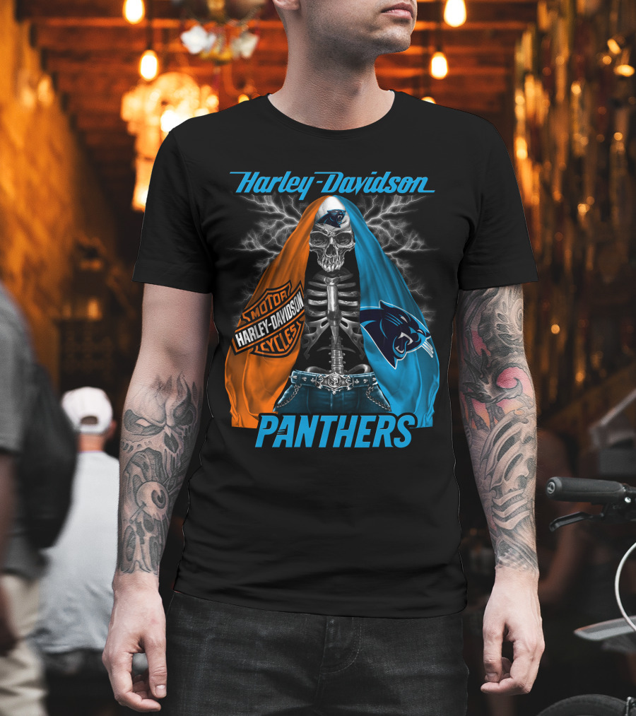 Harley Davidson Motorcycles Skeleton Carolina Panthers T-Shirt