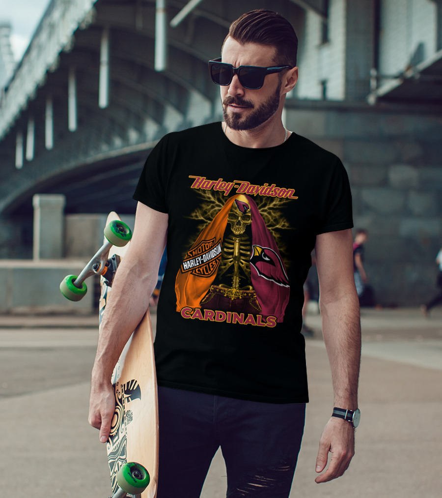 Harley Davidson Arizona Cardinals Skull And Skeleton With Logos T-Shirt