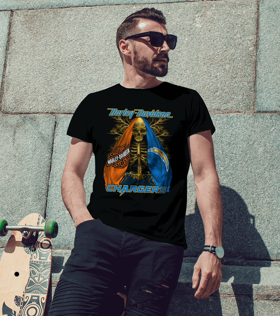 Harley Davidson Los Angeles Chargers Skeleton With Lightning Bolt And Motorcycle T-Shirt