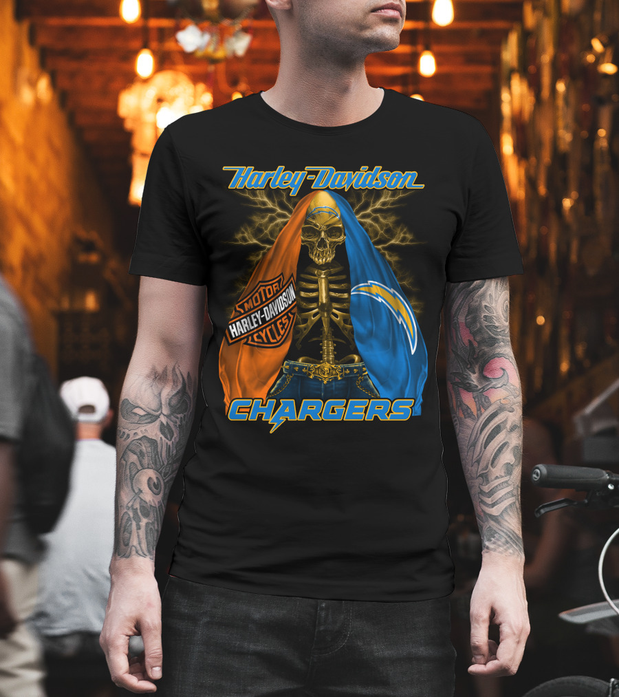 Harley Davidson Los Angeles Chargers Skeleton With Lightning Bolt And Motorcycle T-Shirt