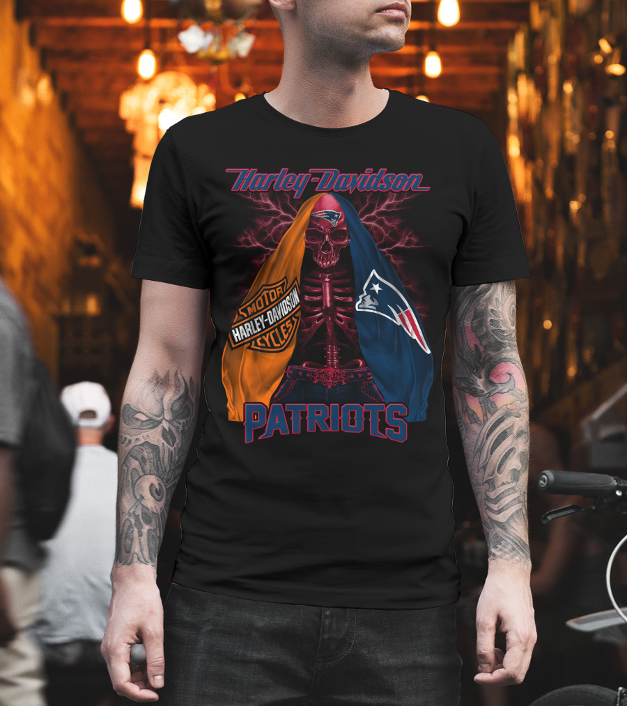 Harley Davidson New England Patriots Skull Logo Collaboration T-Shirt