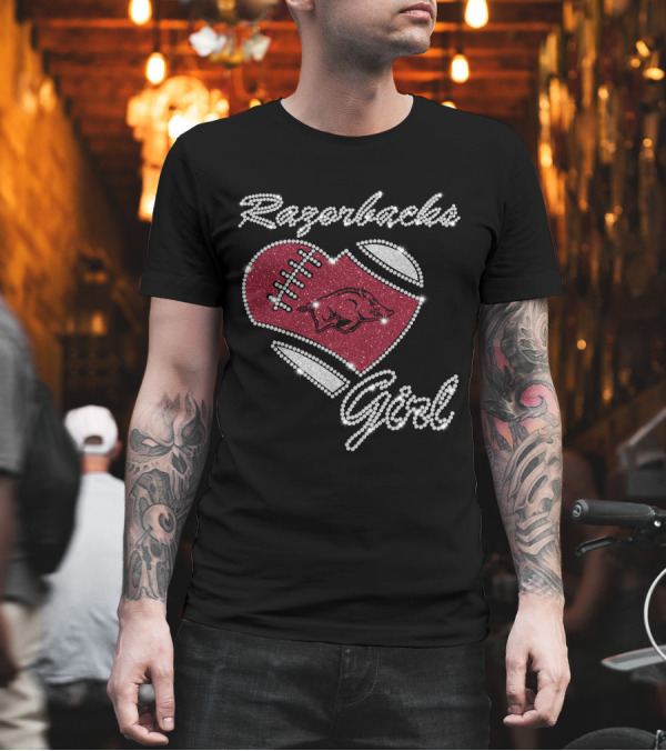 Razorbacks Girl Arkansas Sparkling Football Heart T-Shirt Razorbacks Girl Arkansas Sparkling Football Heart T-Shirt