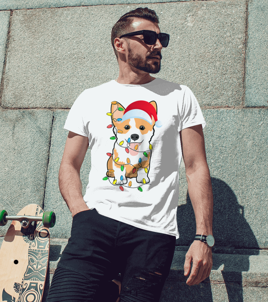 Christmas Corgi Funny Santa Hat Xmas Lights Raglan Baseball T-Shirt