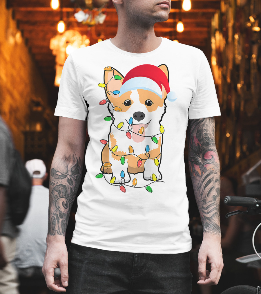 Christmas Corgi Funny Santa Hat Xmas Lights Raglan Baseball T-Shirt