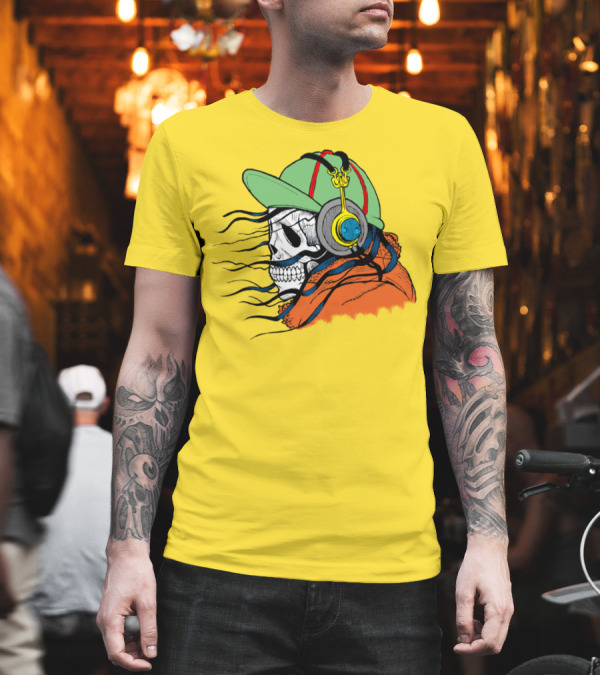 Skull with Headphones and Cap in Orange Hoodie T-Shirt Skull with Headphones and Cap in Orange Hoodie T-Shirt