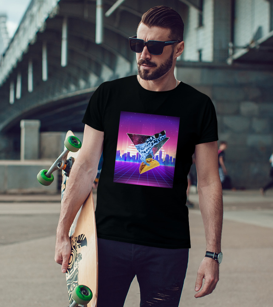 Aesthetic Synthwave Leopard Gecko Taco In Retro Urban Skyline T-Shirt