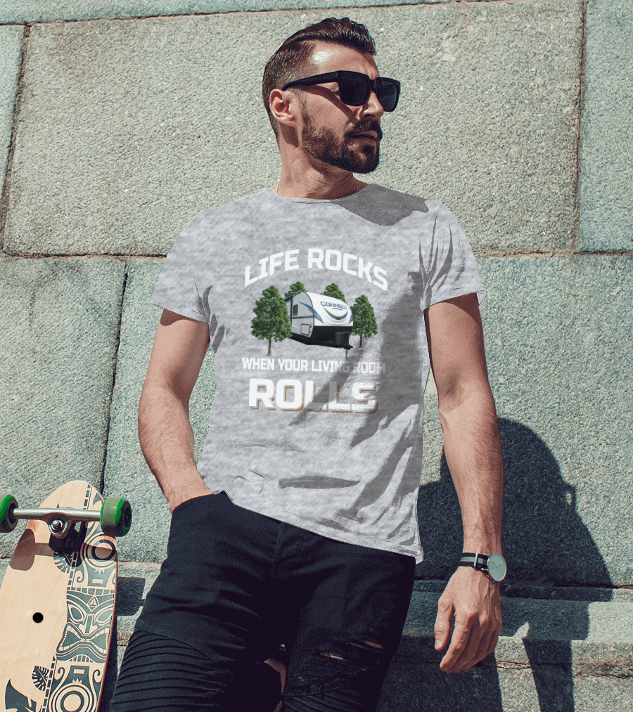 Life Rocks When Your Living Room Rolls Connect RV Camper Forest Scene T-Shirt