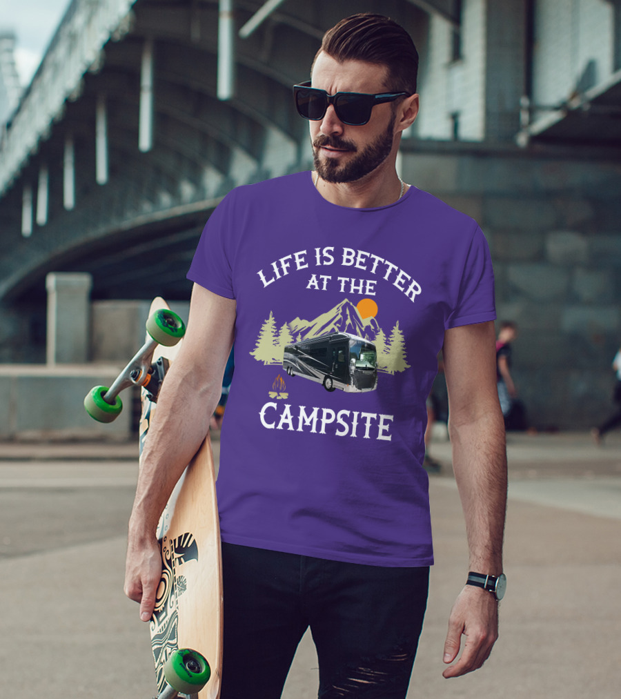 Life Is Better At The Campsite Winnebago 42QL Mountain Sunset Campfire T-Shirt