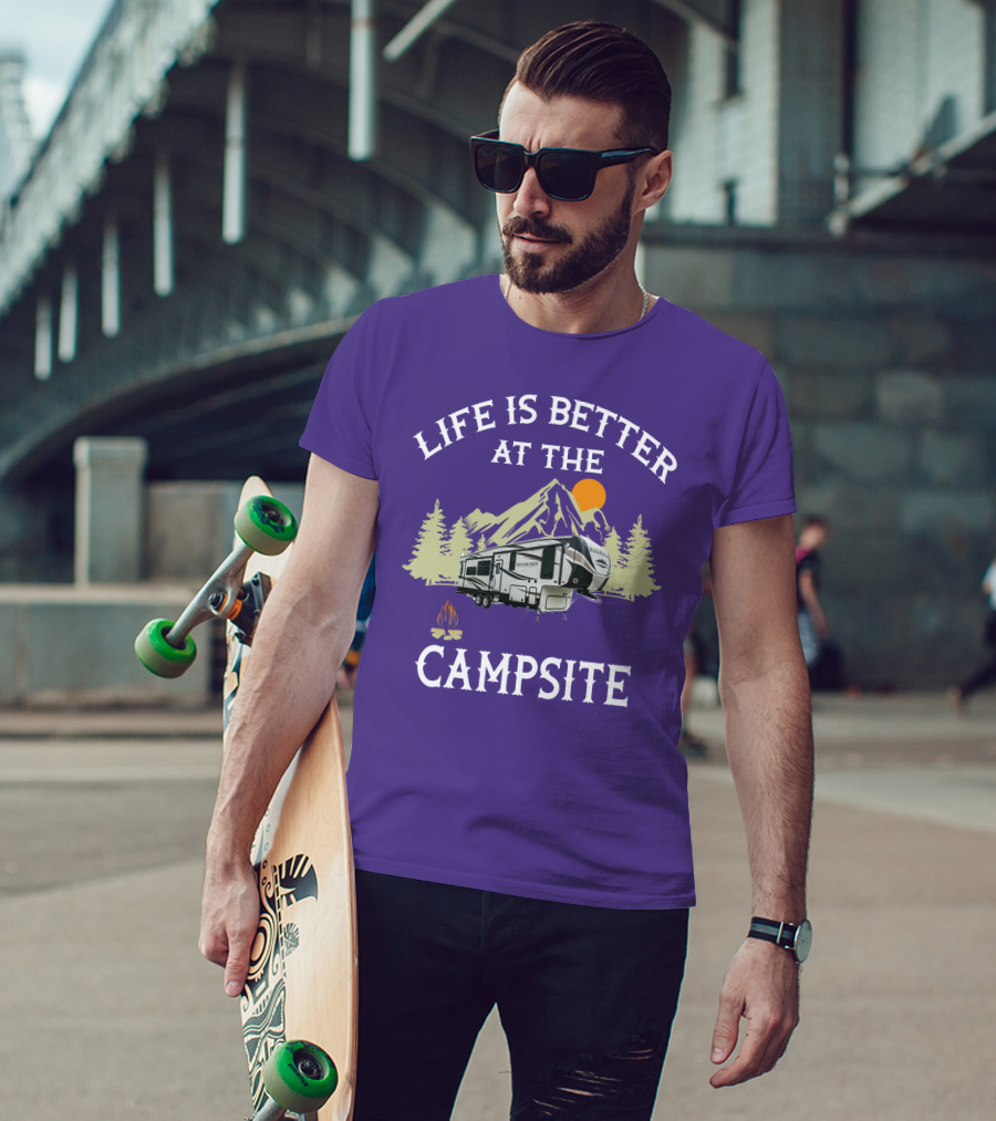 Life Is Better At The Campsite Bighorn Traveler Camper Mountains Trees Sun Campfire T-Shirt