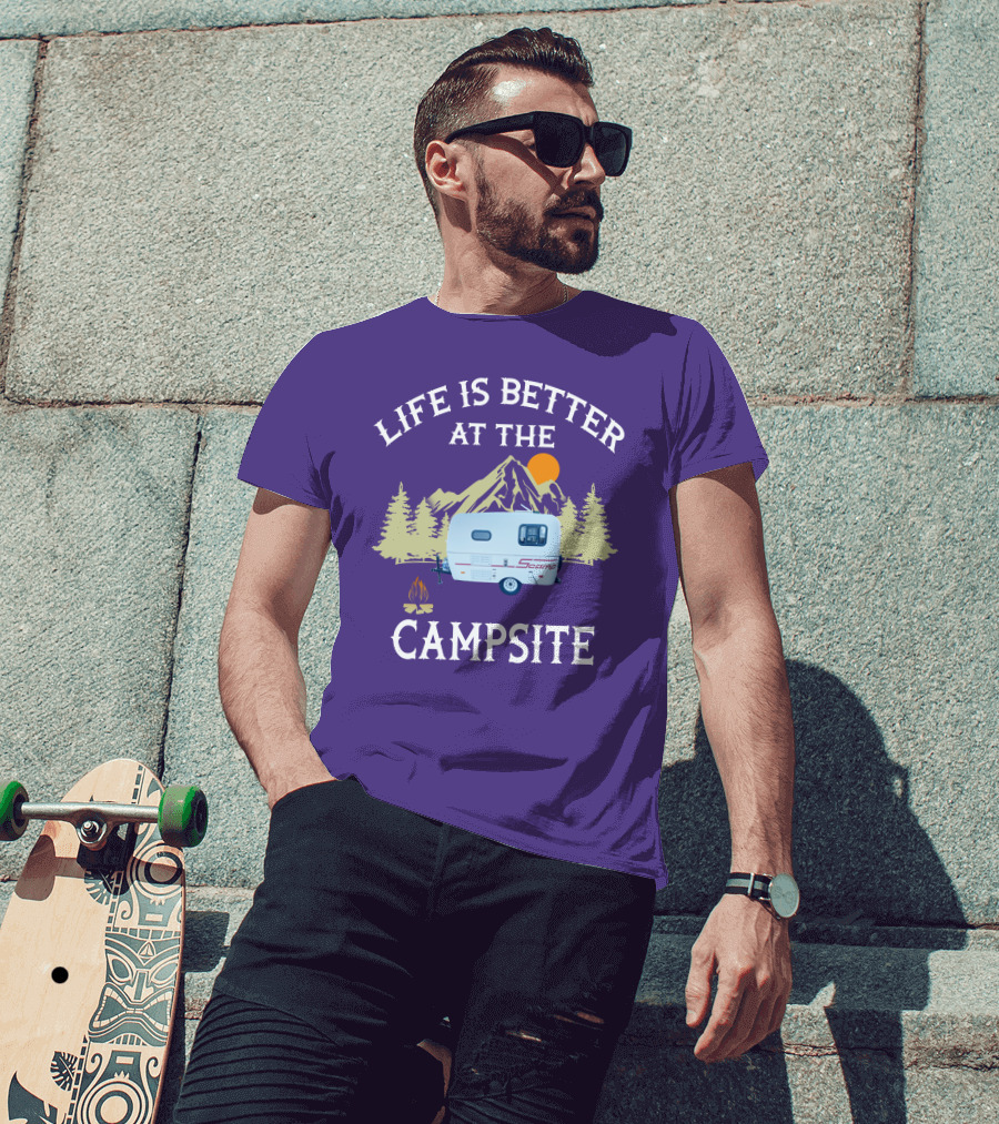 Life Is Better At The Campsite Scamp Small Travel Trailers Mountain Sunset T-Shirt