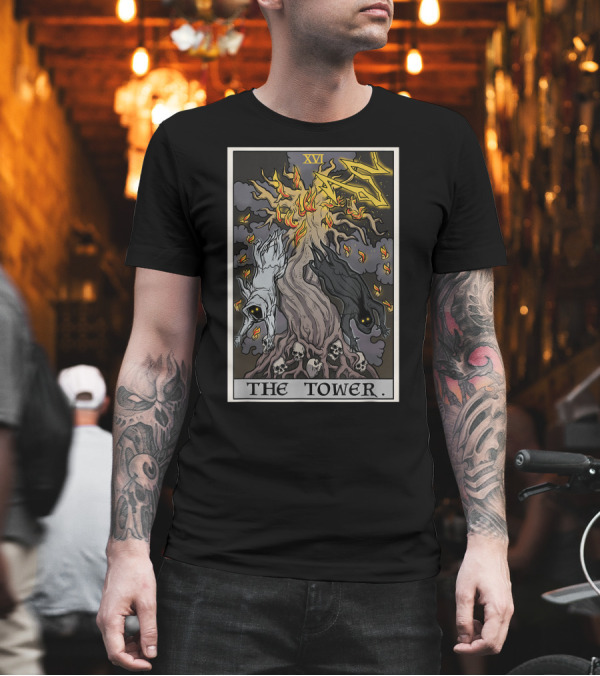 XVI The Tower Tarot Card With Skulls and Ghosts Burning Tree Halloween Goth T-Shirt XVI The Tower Tarot Card With Skulls and Ghosts Burning Tree Halloween Goth T-Shirt