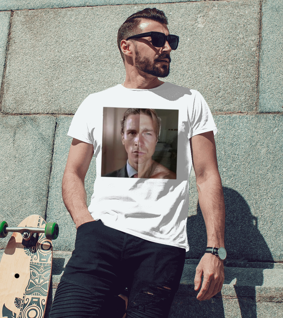 Jeremy Fragrance Compared With Young Christian Bale Face Split Room Background T-Shirt