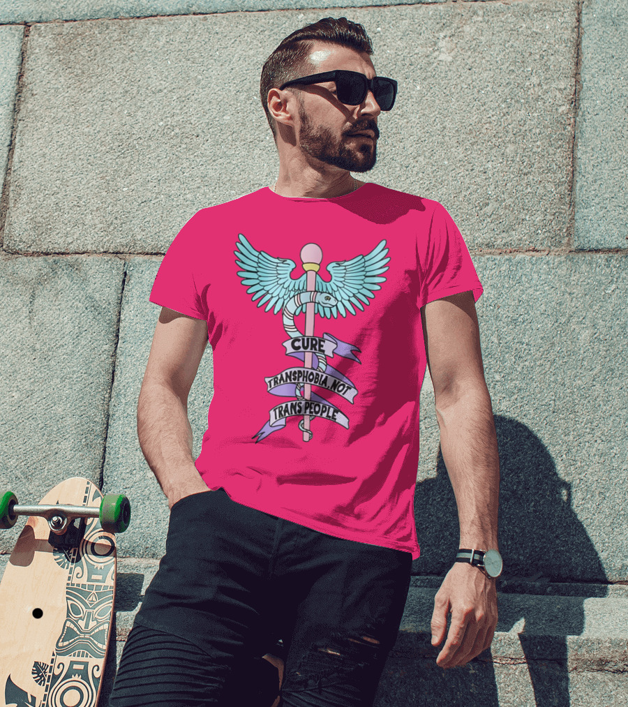 Target Pride Abprallen Cure Transphobia Not Trans People Caduceus Wings Snake Staff T-Shirt