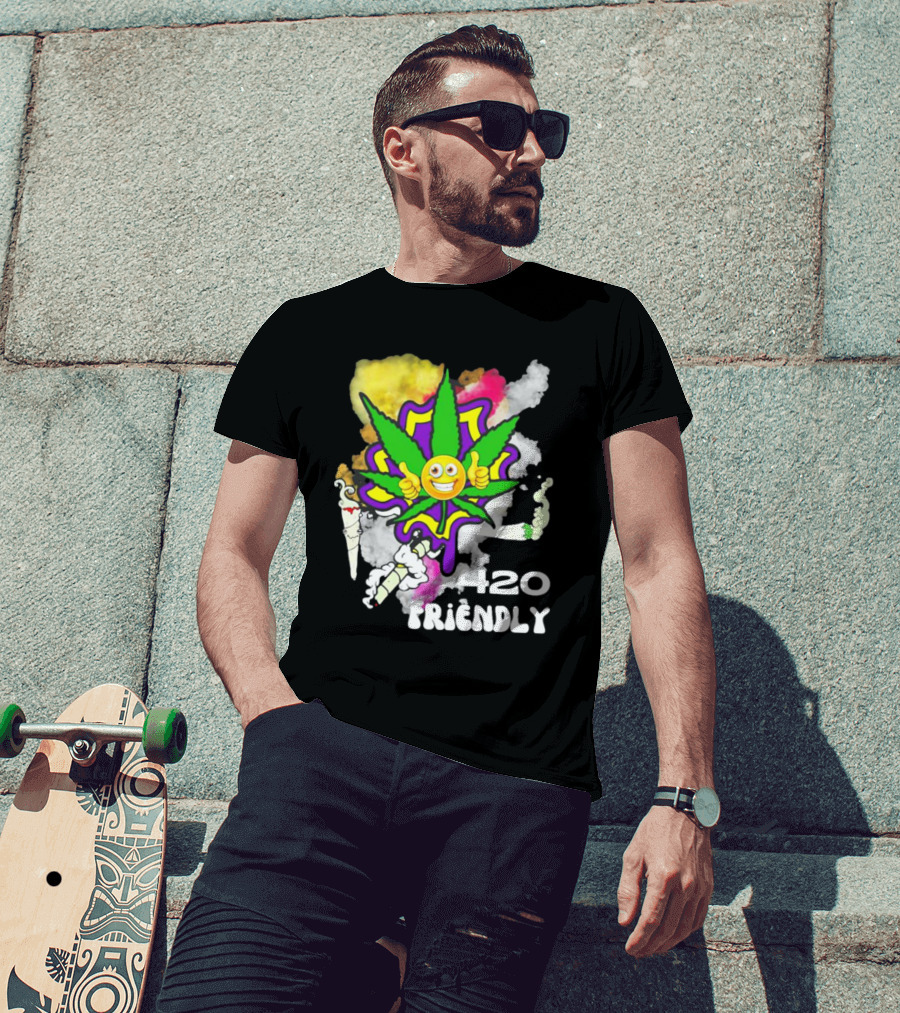 420 Friendly Happy Stoner Leaf With Smiley Face And Colorful Smoke T-Shirt