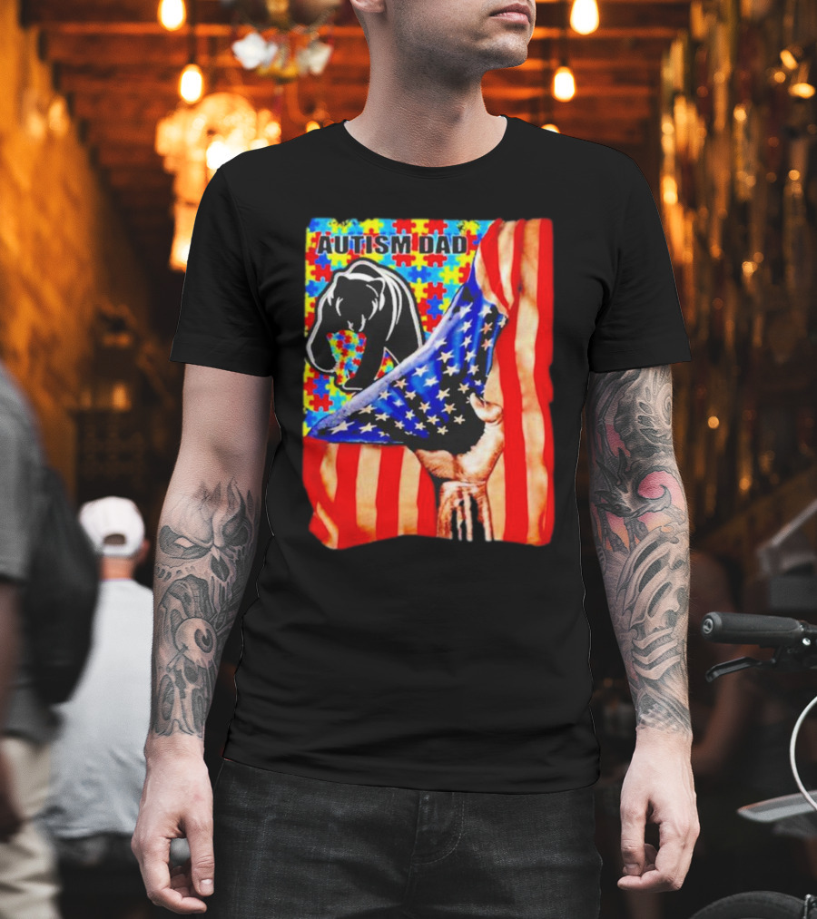 Autism Dad Bear USA Flag Puzzle Awareness T-Shirt