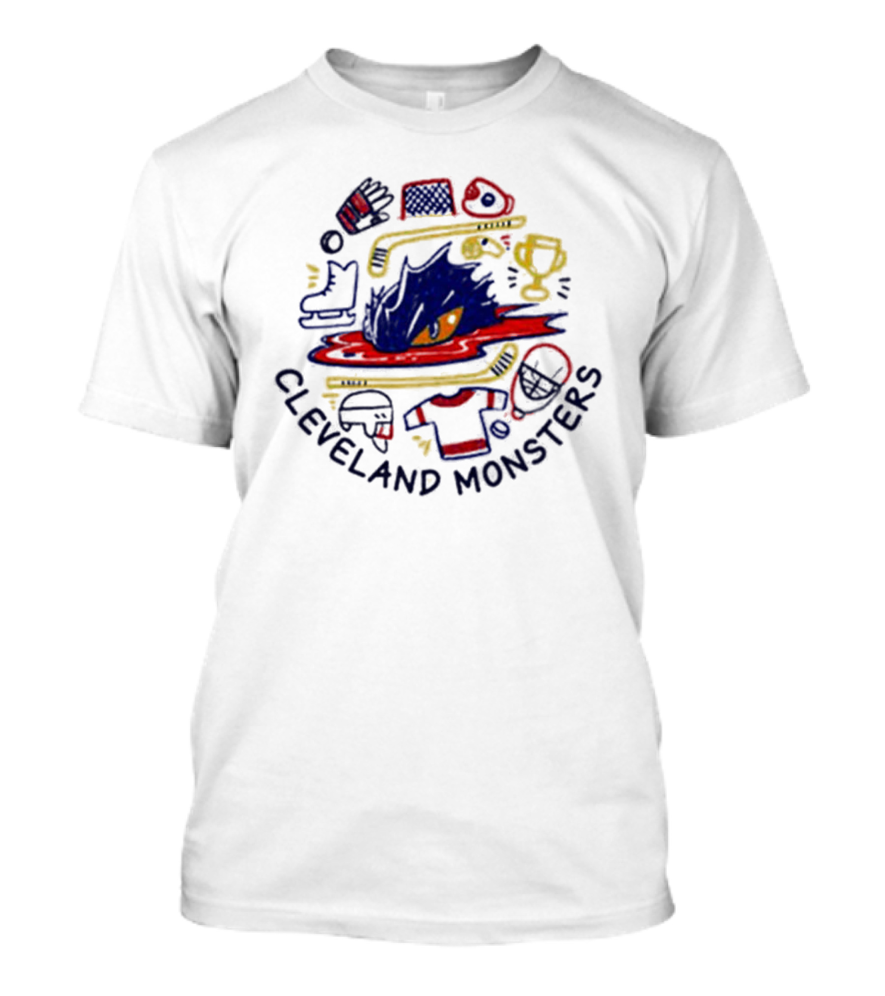 Cleveland Monsters Doodle Hockey Trophy Skates Helmet T-Shirt