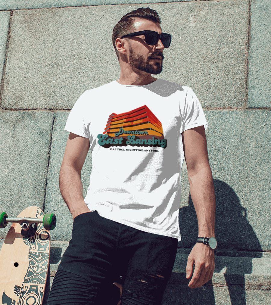Downtown East Lansing Daytime Nighttime Anytime Retro Skyline T-Shirt